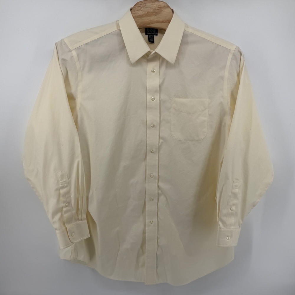 Jos. A. Bank Dress Shirt Mens 18.5-37 Cream Traveler Collection Tailored Fit L/S